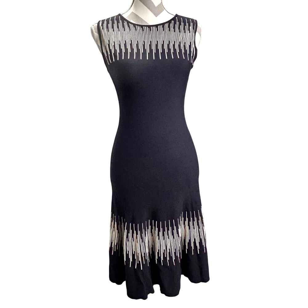 NIC+ZOE Black Sleeveless Navy Dress Abstract Vertical Lines Fit & Flare Twirl XS